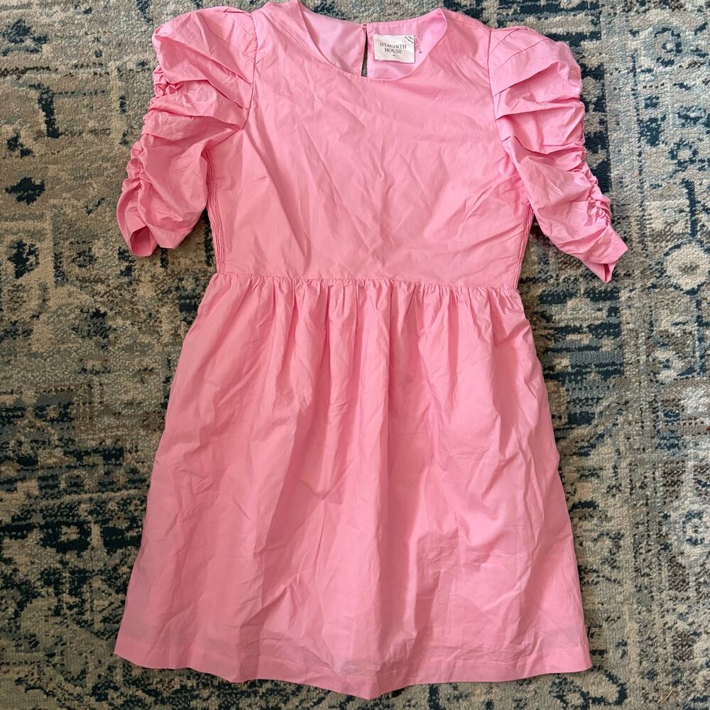 Hyacinth House Tuckernuck Women Size Small Ruched Puff Sleeve Mini Dress Pink - Picture 2 of 9